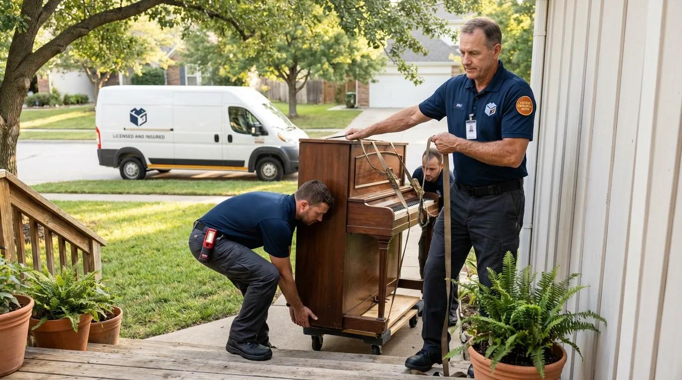 Licensed piano movers securing grand piano in Granite, OK