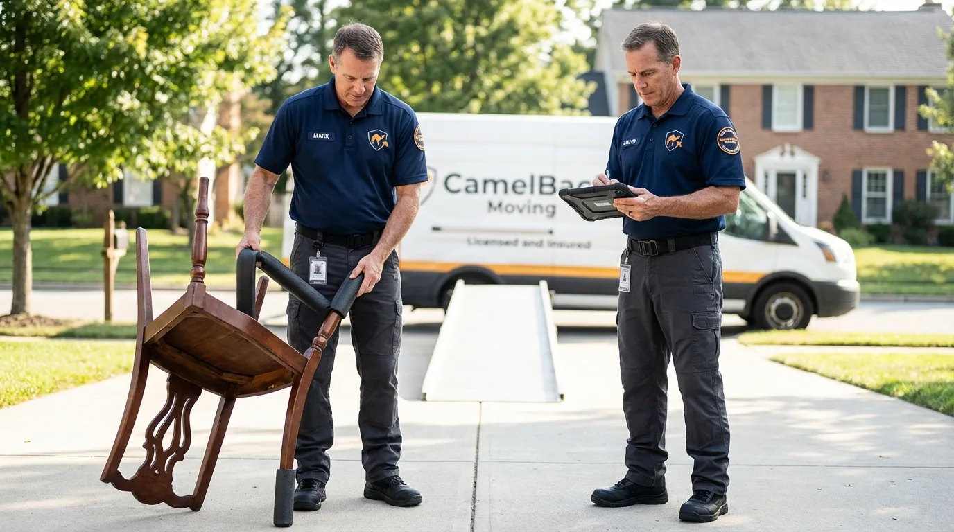 Movers inspecting furniture for damage prevention before loading in Granite, OK