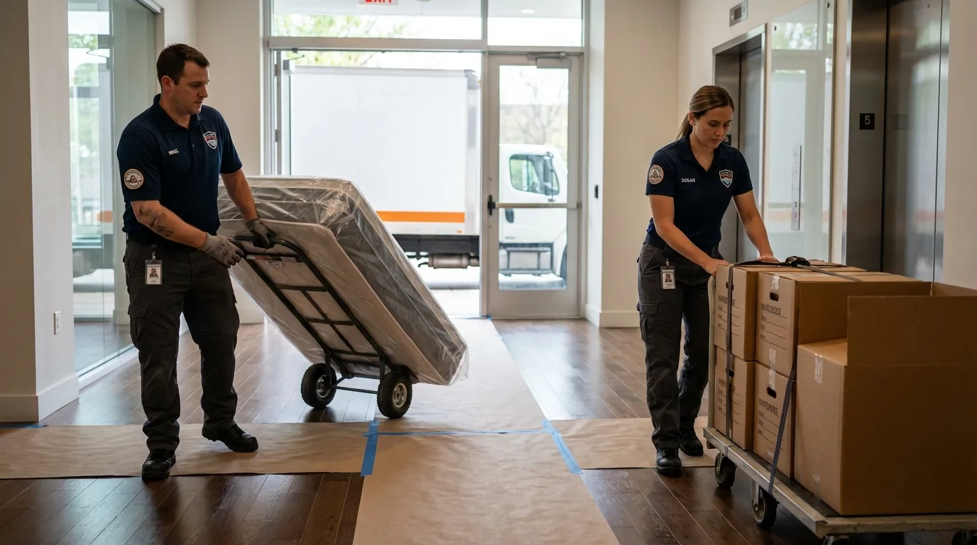 Professional apartment movers loading elevator in Granite, OK